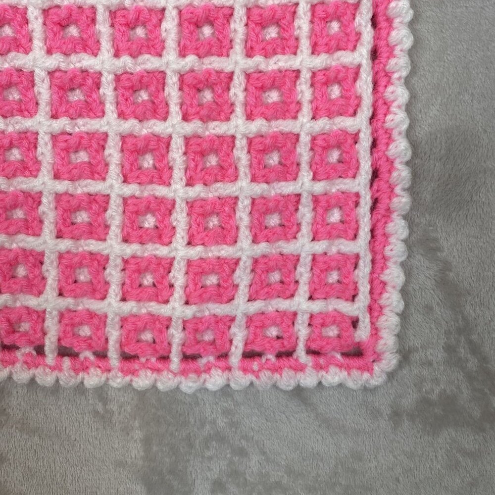 Crochet Pink & White Baby Blanket With Grid Design Handmade Soft Acrylic 32x27.5